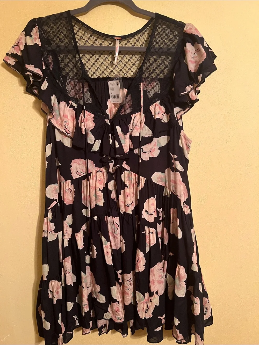 Free People Black Floral Mini Dress with Pink Flowers